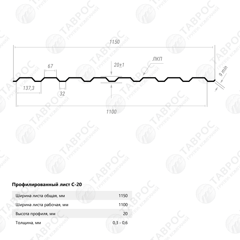 Профнастил С-20 Гладкий полиэстер RAL 6005 (Зелёный мох) 2000*1150*0,45 двухсторонний