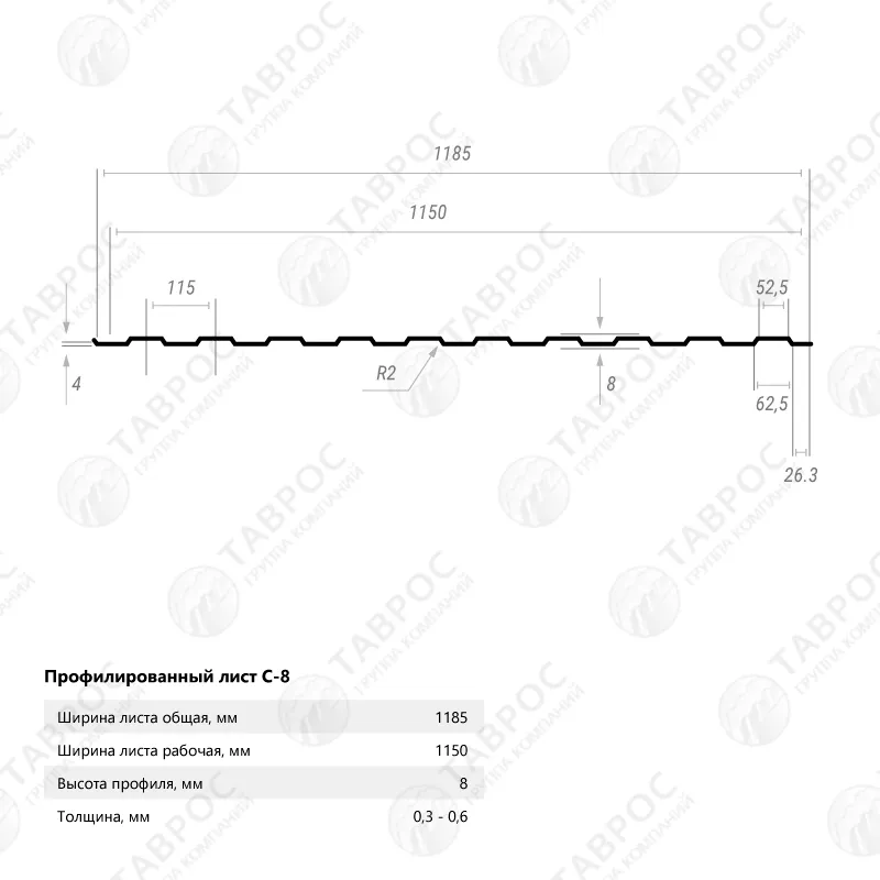 Профнастил С-8 Гладкий полиэстер RAL 9003 (Белый) 1500*1185*0,5 двухсторонний