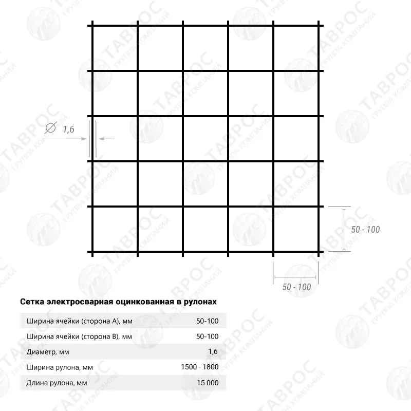 Сетка электросварная оцинкованная в рулонах (100х50 мм) 1,8х15 м / D=1,6 мм